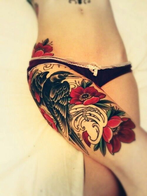 crow flower tattoo